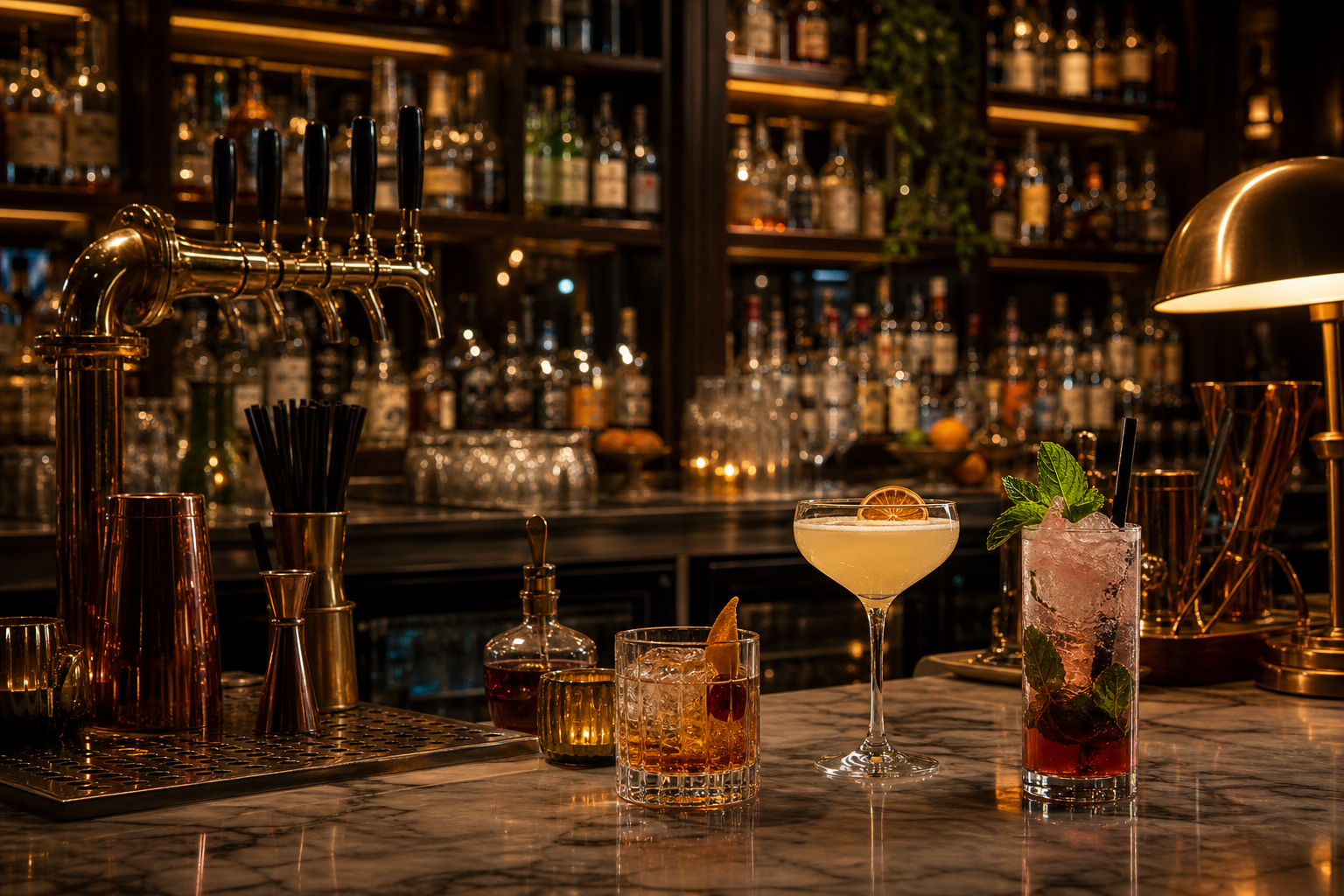 Bar mit Cocktails und dunkler Abendstimmung