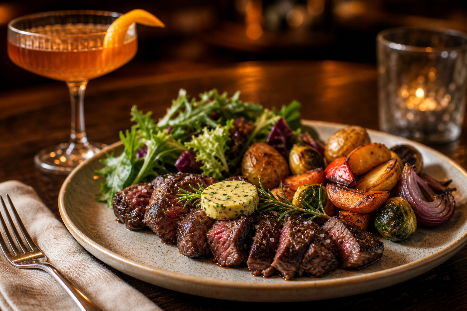 Dunkel angerichteter Teller mit Steak und Gemüse